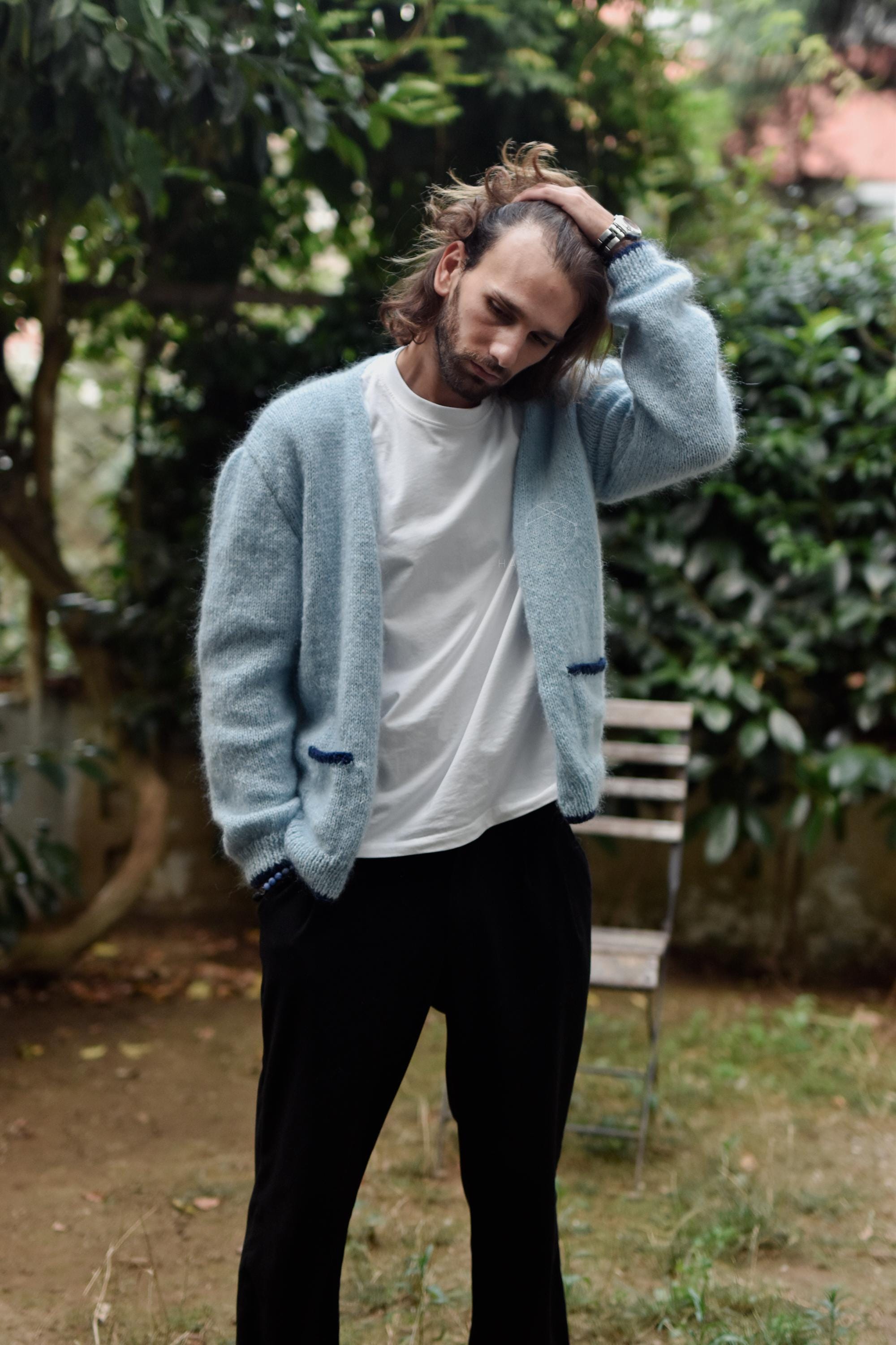 Blue Mohair Cardigan, Kurt Cobain Cardigan, Mens Blue Cardigan