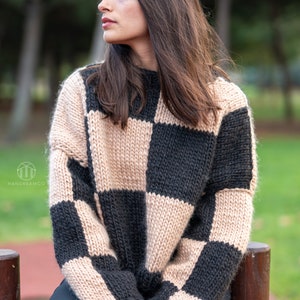 Hand Knit Sweater, Checkered Sweater, Color block jumper, Wool Cardigan, Chunky Sweater image 5