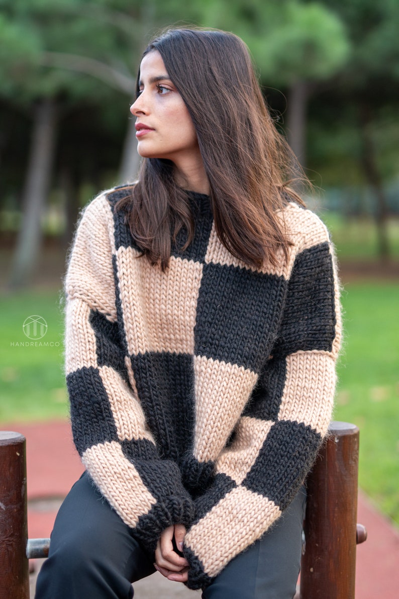 Hand Knit Sweater, Checkered Sweater, Color block jumper, Wool Cardigan, Chunky Sweater image 5