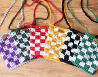 Bolso bandolera pequeño, monedero de crochet para celular, mini bolso bandolera, bolso para celular a cuadros