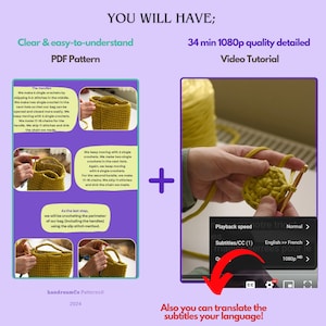 Pu&ograve; includere: Un'immagine digitale che mostra uno schema per un sacchetto all'uncinetto e un tutorial video. L'immagine mostra una borsa all'uncinetto gialla con un manico. Il tutorial video dura 34 minuti e include sottotitoli in inglese e francese. Il testo "You will have" &egrave; nella parte superiore dell'immagine.