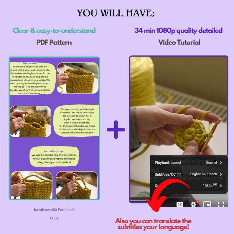 Pu&ograve; includere: Un'immagine digitale che mostra uno schema per un sacchetto all'uncinetto e un tutorial video. L'immagine mostra una borsa all'uncinetto gialla con un manico. Il tutorial video dura 34 minuti e include sottotitoli in inglese e francese. Il testo "You will have" &egrave; nella parte superiore dell'immagine.