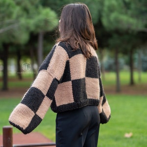 Hand Knit Sweater, Checkered Sweater, Color block jumper, Wool Cardigan, Chunky Sweater image 7