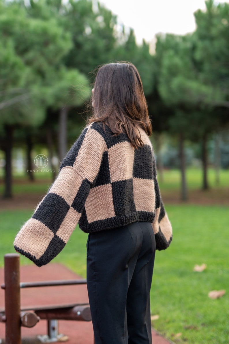 Hand Knit Sweater, Checkered Sweater, Color block jumper, Wool Cardigan, Chunky Sweater image 7