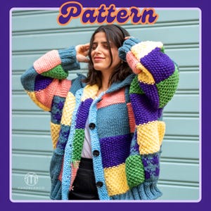 May include: A colourful knitted cardigan with a patchwork design in shades of pink, blue, green, yellow, and purple. The cardigan has a button fastening and a hood.