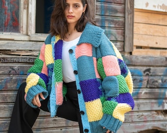 Harry Style Cardigan, Harry styles sweater, Patchwork Cardigan,Hand Knit Sweater