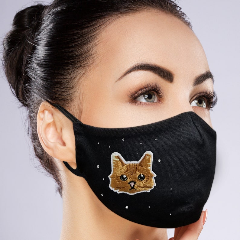 Brown Cat Face Mask with Filter Pocket Embroidery Rhinestones Etsy