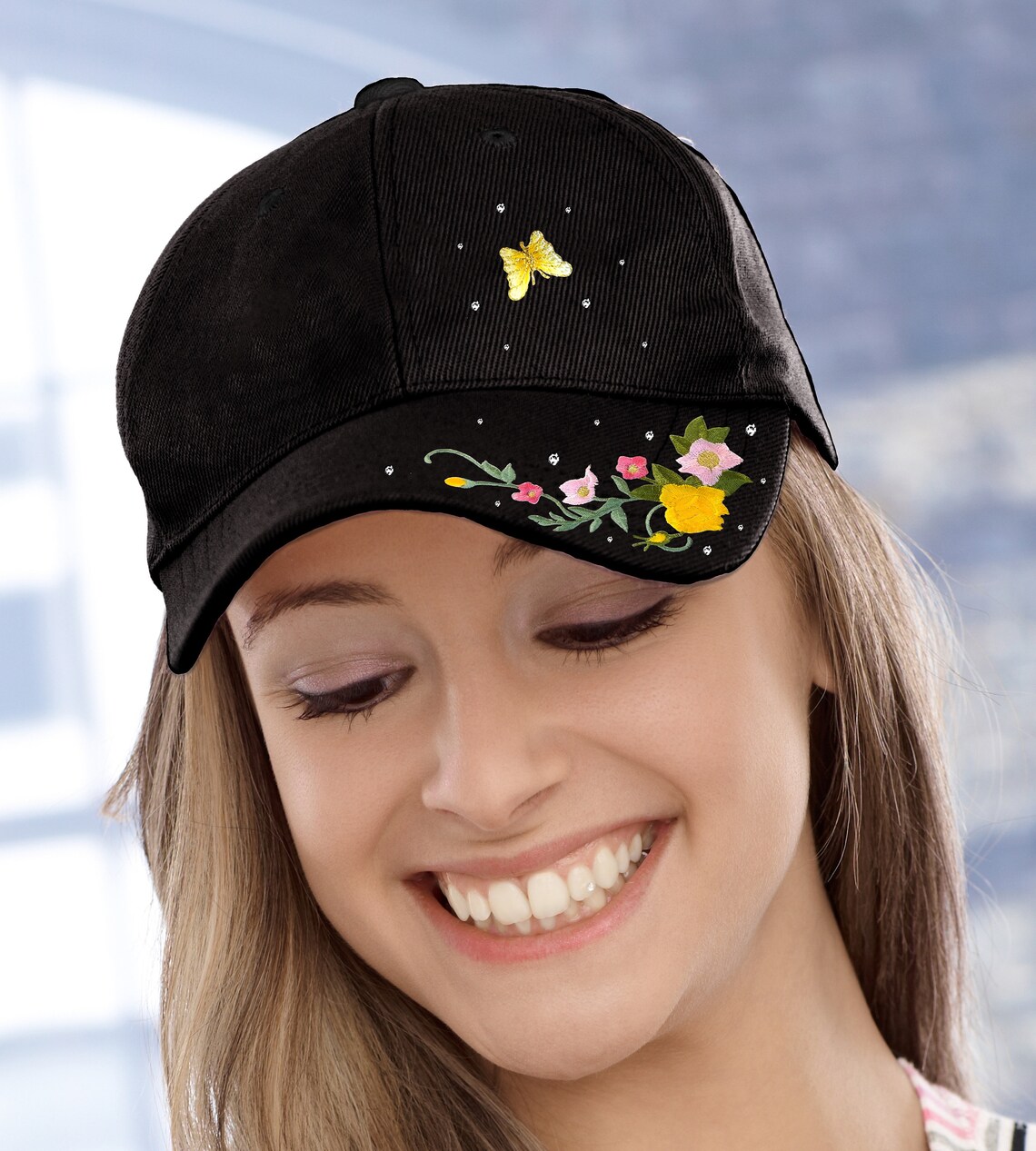 Flower Hat Embroidery Rhinestones Adjustable Etsy