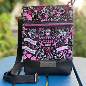 Breast Cancer Awareness Crossbody on the go bag. Minimalist Purse with inspirational phrases. Pink Ribbon liner, light weight, small purse.