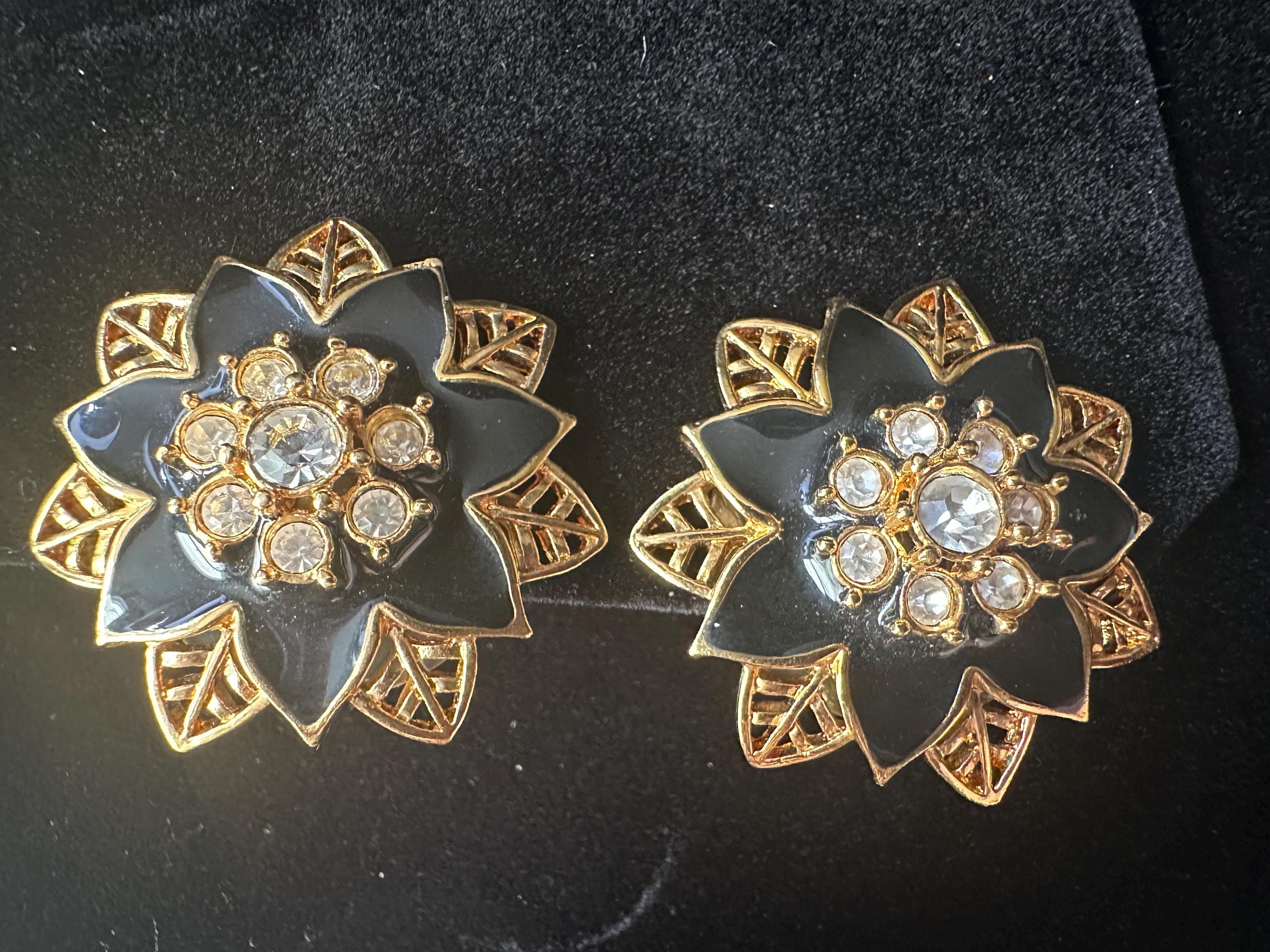 Boucles D'oreilles Clips Vintage Fleurs Dorées Avec Strass Noirs - Occasion