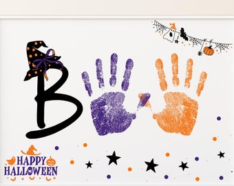 Arte imprimible de huellas de manos de Halloween, manualidad DIY para niños, impresiones de fantasmas y calabazas, arte de recuerdo para niños en edad preescolar.