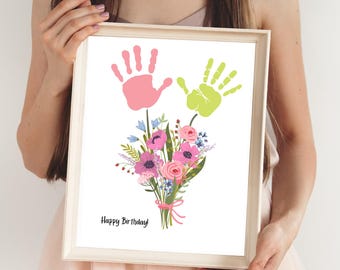 Huella de mano de feliz cumpleaños para niños pequeños, ramo de flores, arte de huella de mano, regalo de cumpleaños, regalo de abuela DIY de nietos Nana