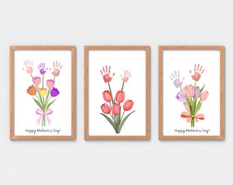 Paquete de arte imprimible de ramo floral con huellas de manos para el Día de la Madre, ramo de actividades de cumpleaños DIY para niños, bebés, regalo para mamá