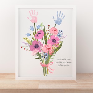 Mother&#39;s day Craft Handprint Floral Bouquet Printable Art, Birthday Activity Floral Bouquet DIY for Kids Children Toddler Baby, Mom Gift