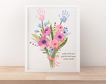 Ramo de flores con huellas de manos para el Día de la Madre, arte imprimible, actividad de cumpleaños, ramo de flores DIY para niños, bebés, regalo para mamá