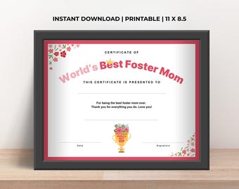 Certificado imprimible para madres de acogida, regalo para el Día de la Madre, un detalle para los niños, certificado para hacer uno mismo, un bonito regalo para el Día de la Madre.