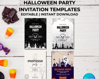Plantilla de Canva para invitación de Halloween, invitación digital para fiesta, diseño editable e imprimible de fantasmas espeluznantes, diseño de Halloween para pedir dulces.