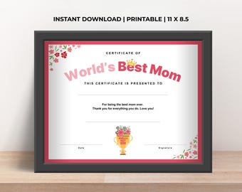 Certificado imprimible de "La mejor mamá del mundo", regalo para el Día de la Madre de los niños, regalo DIY para mamá, certificado bonito para mamá, descarga instantánea