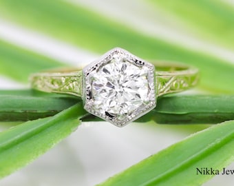 GIA 1.01 CT Diamond Ring: Art Deco Filigree 14K Yellow Gold