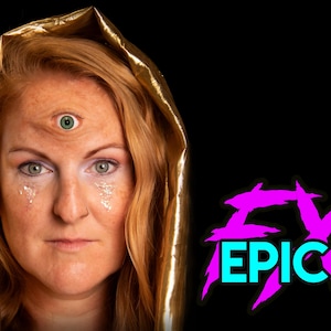 Puede incluir: Una mujer pelirroja con un tercer ojo en la frente, que lleva una cobertura dorada para la cabeza. La imagen tiene el texto "FX EPIC" en rosa y turquesa sobre un fondo negro.