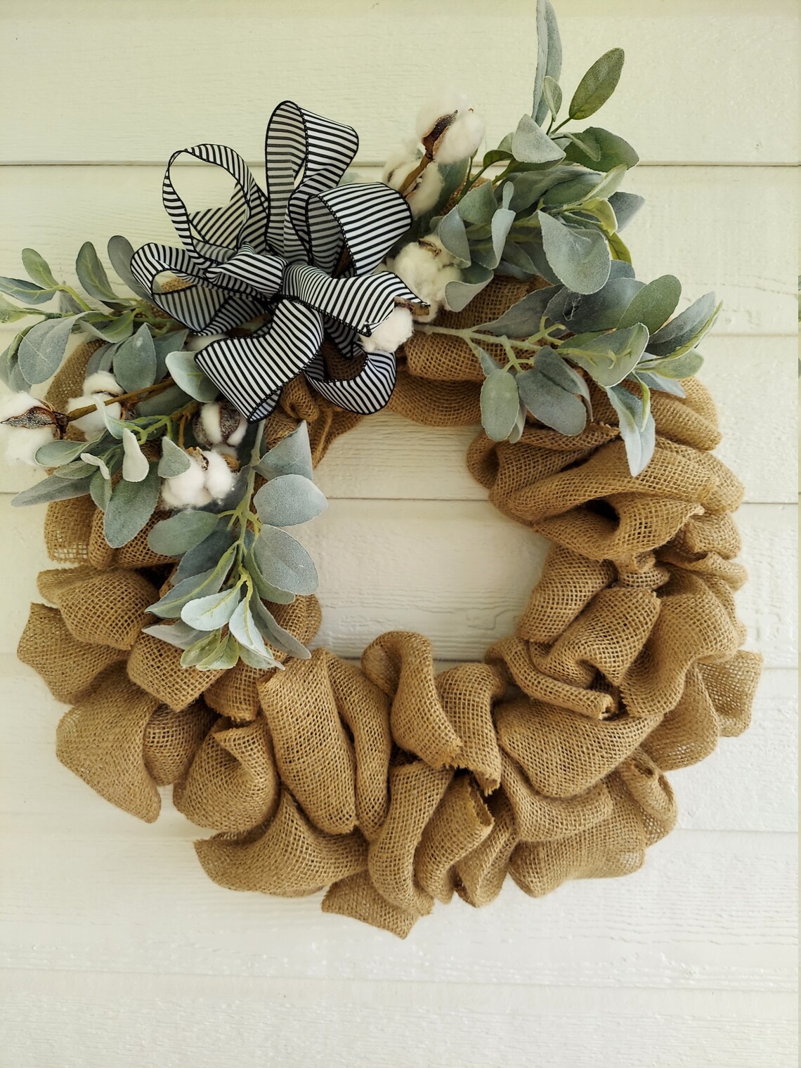 Burlap Lamb's Ear and Cotton Everyday Wreath Everyday Etsy