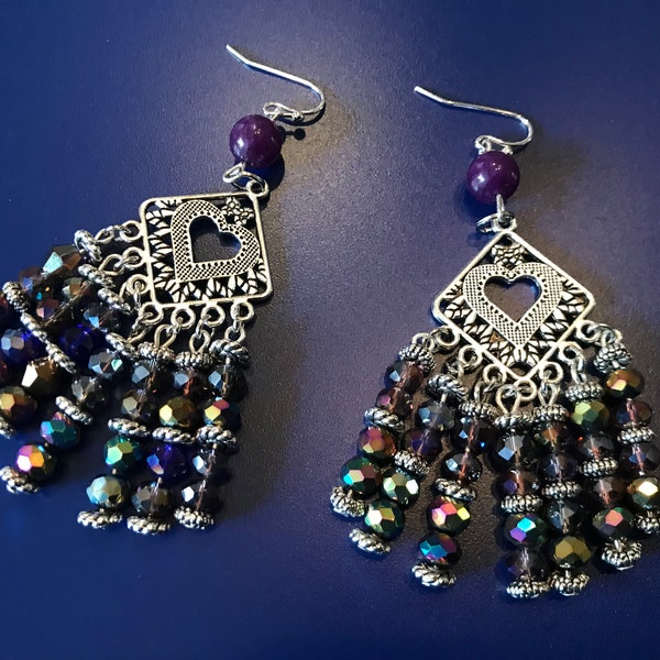 Elegant & Stylish  Chandelier Earrings with Plum Purple Crystal Beads and Silver Tone Metal Beads