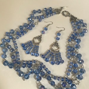 Elegant & Stylish 3 Layer Sky Blue Crystal Beaded Necklace and Earring Jewelry Set