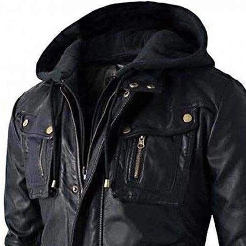 Men's handmade Motorcycle hooded leather jacket with genuine soft lambskin leather, removable shops hooded jacket black color , Biker jacket