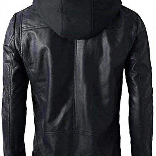 Men's handmade Motorcycle hooded leather jacket with genuine soft lambskin leather, removable shops hooded jacket black color , Biker jacket