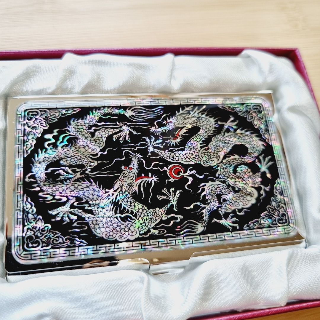 Dragon Mother of Pearl Business Card Holder, Korean Najeon Chilgi
