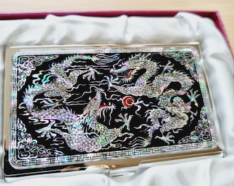 N32-Two Dragons, Mother of Pearl Business Card Case Holder, Korean Traditional Antique Shell Case Gift