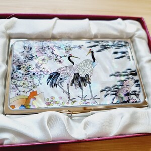 N74-Fleur de prunier et grue, porte-cartes de visite en nacre, cadeau traditionnel coréen ancien en coquillages