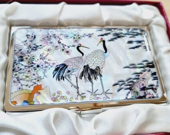 N74-Plum blossom and Crane, Mother of Pearl Business Card Case Holder, Korean Traditional Antique Shell Case Gift