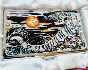 N78-White Tiger, Mother of Pearl Business Card Case Holder, Korean Traditional Antique Shell Case Gift