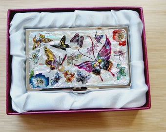 N67-Swallowtail Butterfly, Mother of Pearl Business Card Case Holder, Korean Traditional Antique Shell Case Gift