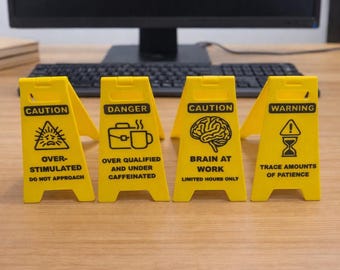 Mini Caution Desk Signs – Set of 4 | Funny Workplace Warning Signs