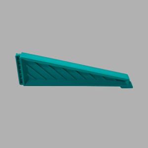 May include: A teal-colored, wedge-shaped object with a series of diagonal grooves along its surface. The object has a rectangular base with a series of small, vertical ridges. The overall design is geometric and modern.