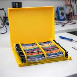 May include: A bright yellow plastic organizer box, open to reveal neatly arranged bundles of multi-colored jumper wires. The box is on a white surface, suggesting a workspace or lab setting. The wires are of varying lengths and colors.