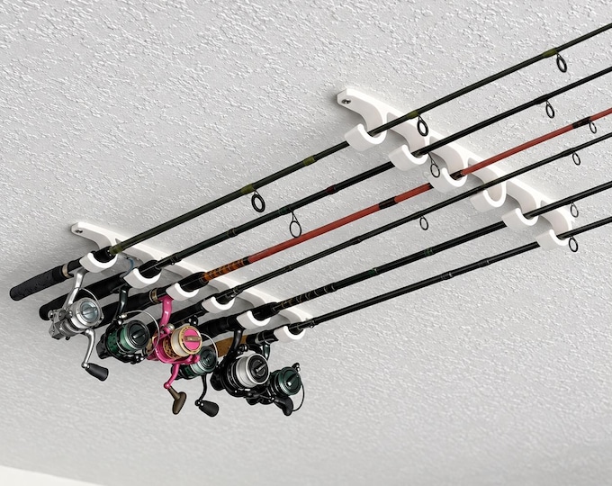 Ceiling Mounted Fishing Rod Holder – 3 or 6 Pole Rack – White Plastic with Mounting Hardware