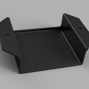 May include: Black metal shelf bracket with two holes on each side. The bracket is designed to be mounted to a wall or other surface.