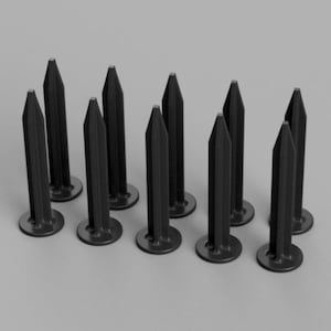 May include: Ten black plastic tent stakes with a pointed tip and a flat base.