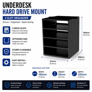 以下が含まれることがあります： 4つのスロットを備えた黒いデスク下ハードドライブマウント。ユニットのサイズは高さ260mm、幅241mm、奥行き200mmです。各スロットのサイズは幅185mm、高さ55mm、奥行き200mmで、ハードドライブを整理して収納できるように設計されています。