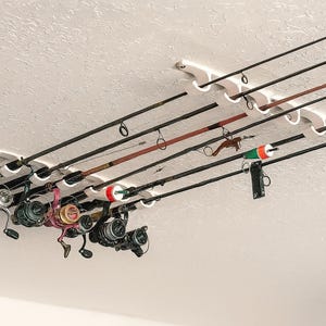 Ceiling Mounted Fishing Rod Holder – 3 or 6 Pole Rack – White Plastic with Mounting Hardware