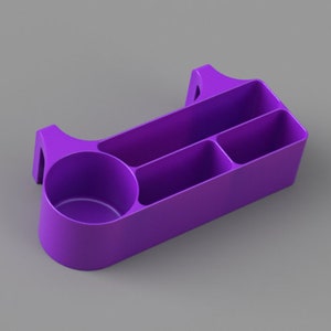 May include: Purple plastic desk organizer with three compartments and a cup holder.
