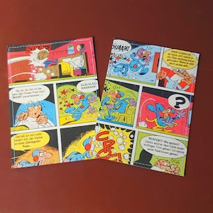 CLEVER und SMART Postkarten 2er-Set Comic - genäht, aus einem alten Comicheftchen - upcycling pur