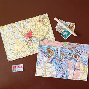HAMBURG mit HAFEN - 2er-Set Upcycling Postkarten aus einem alten Atlanten *genäht*