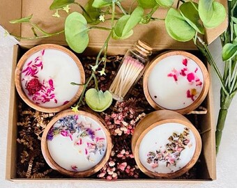 Floral elegance candle set, gift set, aromatherapy, wooden candles, botanical