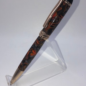 Handmade pen, sculpted twist pen, gray, orange and gold pen, acrylic pen, unique gift, custom pen, high end pen, black ink pen
