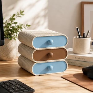 May include: A stack of three rectangular storage drawers with rounded edges. The top and bottom drawers are light blue, while the middle drawer is brown. Each drawer features a matching round knob and a textured, cream-colored woven exterior.