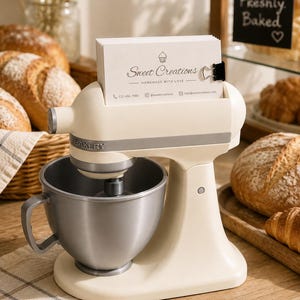 May include: A cream-colored stand mixer business card holder with a silver bowl and a silver band labeled BAKERY. A stack of white business cards with the text Sweet Creations, a cupcake icon, and contact details is held in the top slot by a black clip.
